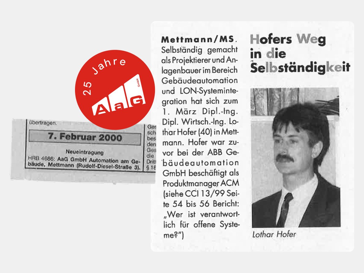 Zeitungsausschnitt „Hofers Weg in die Selbständigkeit“ mit Porträt von Lothar Hofer, daneben die Handelsregister-Neueintragung vom 7. Februar 2000